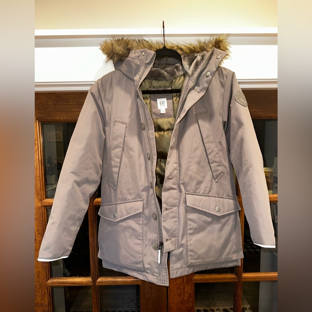 Kids Taupe Winter Parka Jacket with Faux Fur Hood